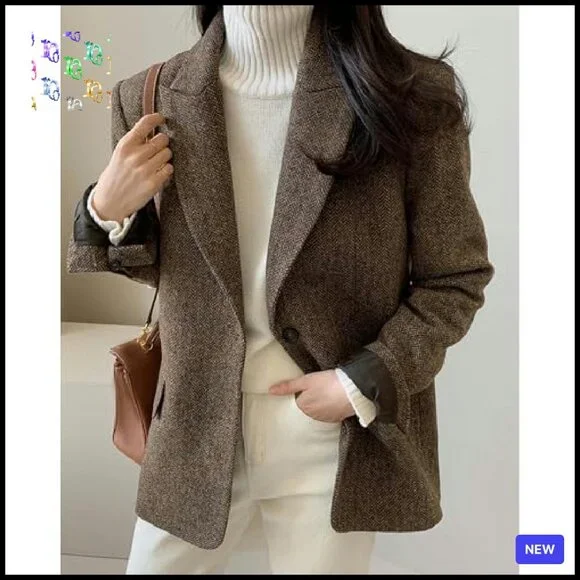 Herringbone Wool Blend Blazer Classic Elegant Work Business Chic Fall Winter - Picture 6 of 8